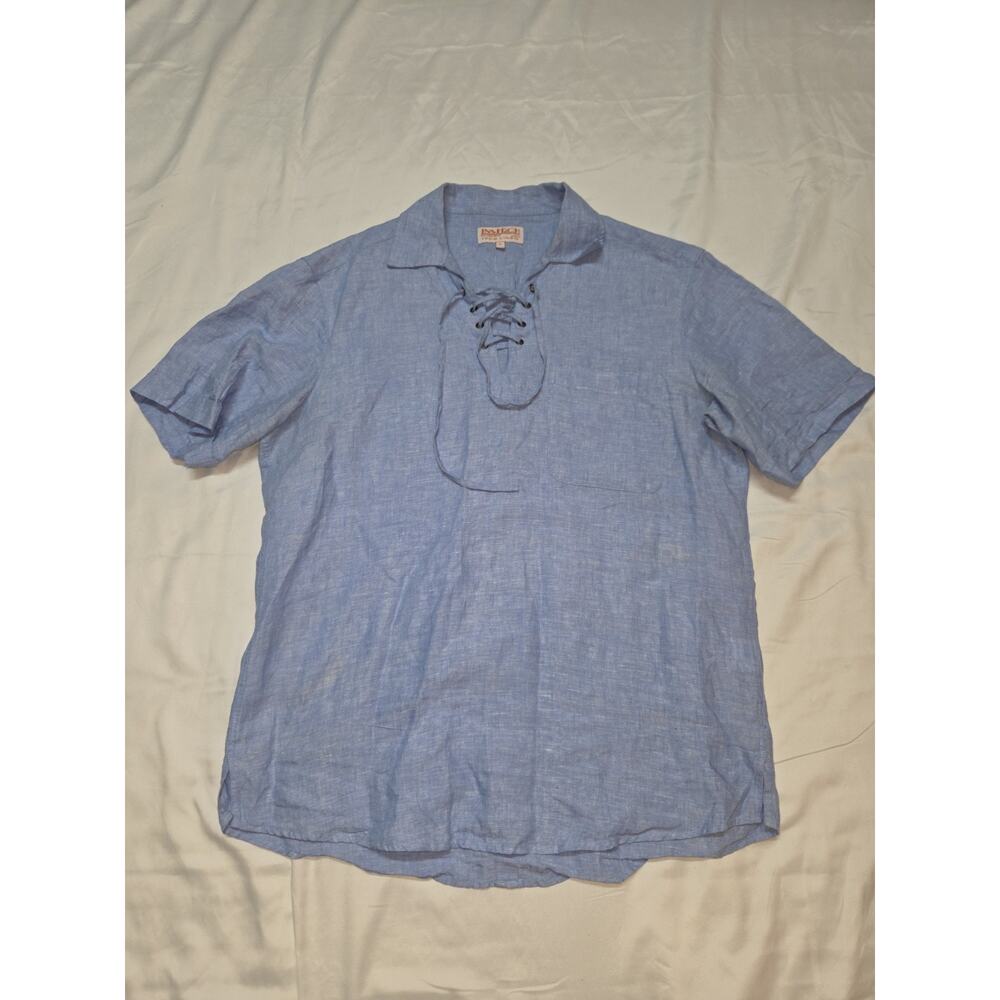 Inserch Men's 100% Linen Short Sleeve Shirt Blue Size Large Lace Up Collar